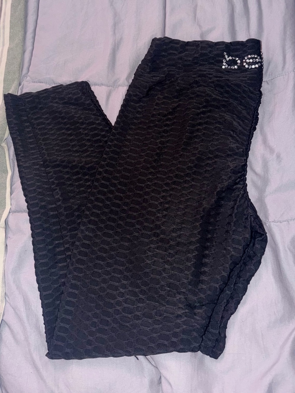 bebe Black Textured Leggings with Crystal Logo Accent